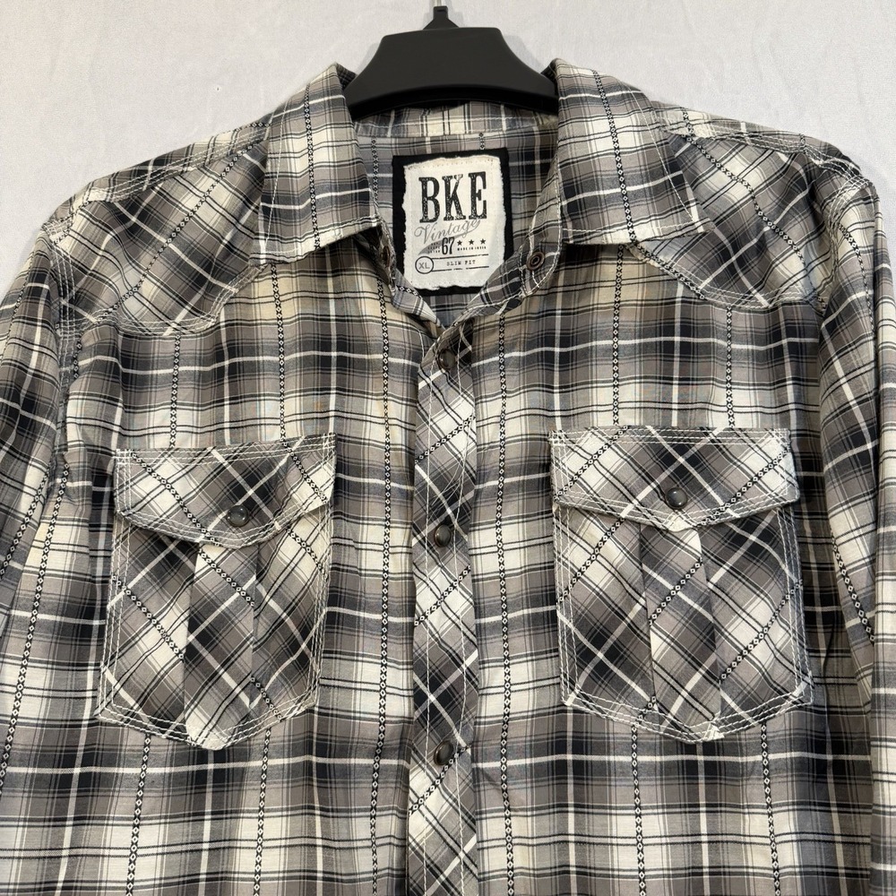 bke vintage pearl snap shirt‎ Black White Plaid Western Cowboy Shirt XL Slim